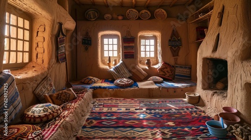Traditional arab mud house interior in Saudi Arabia riyadh, Saudi culture, saudi heritage photo