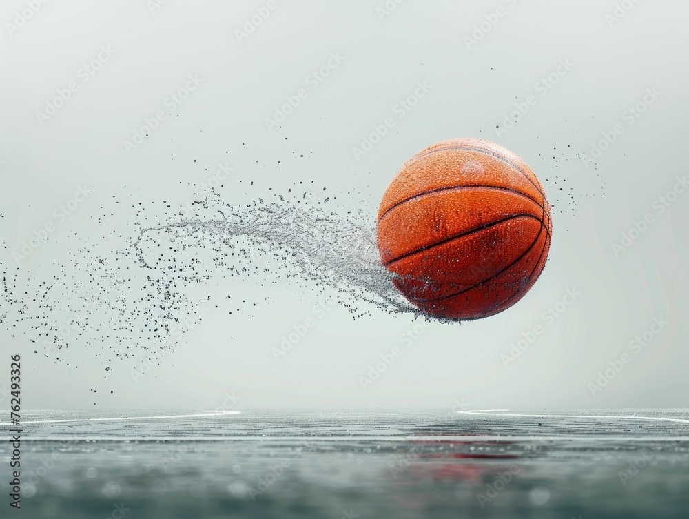 The graceful arc of a basketball in flight, seen through a minimalist lens with pan-tilt tracking, emphasizing movement and precision