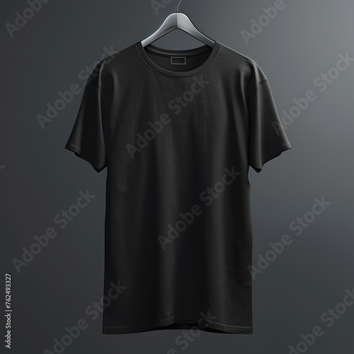A black t-shirt on a hanger against a dark background, showcasing a simple and elegant design.
