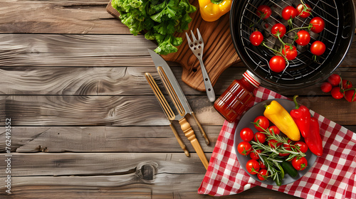 A top view of a summer barbecue setup with grilling tools, a plate of fresh vegetables, and a bottle of barbecue sauce, arranged on a wooden table.