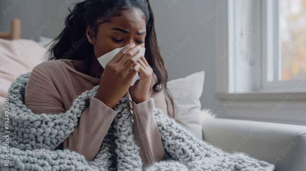 A person is wrapped in a knitted blanket, using a tissue. A person is wrapped in a knitted blanket, using a tissue.