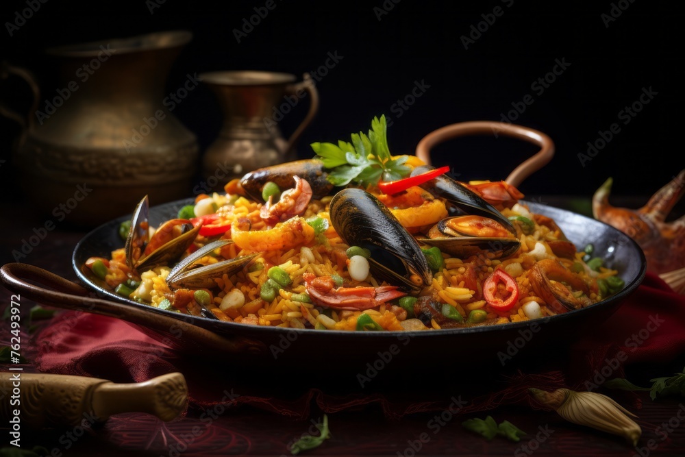 Exquisite paella on a rustic plate against a silk fabric background