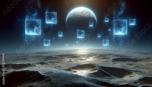 3D-rendered, featuring the moon's surface bathed in a lunar night. Ethereal blue square portals float above. photo