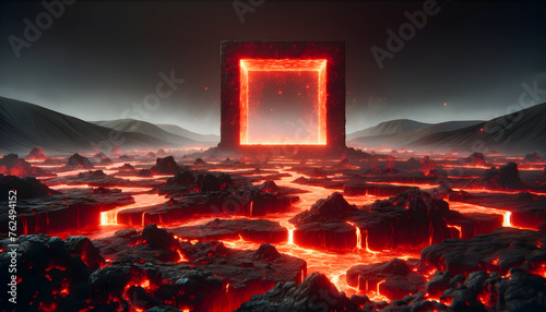 3D-rendered volcanic landscape where fiery red square portals hover above the ground, offering a stark, surreal contrast to the dark basalt and the glowing lava flows beneath. photo