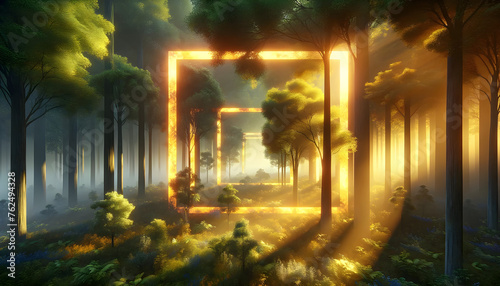 3D-rendered image at dawn  with radiant golden square portals adding a surreal contrast to the green.