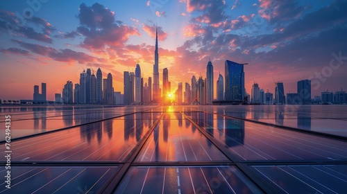 Solar panels on futuristic city buildings at dawn