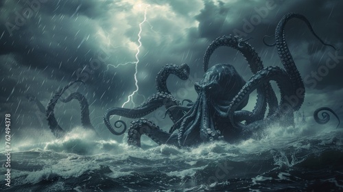 Scary Cthulhu monster that appears in the sea with storms and lightning strikes AI generated image