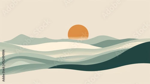 Abstract dunes against a serene sunrise, in soft earthy tones, ideal for calming decor..