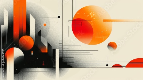 Abstract geometric design with bold orange accents and shadow play  evoking a modern sunset cityscape..