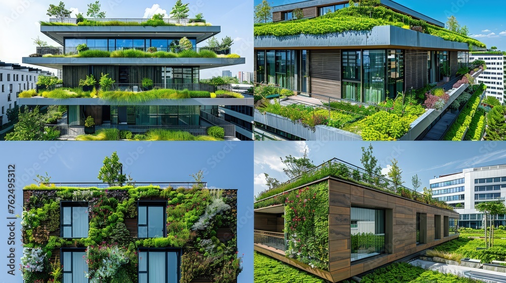 Green roofs on urban buildings. Urban greening, eco-architecture.