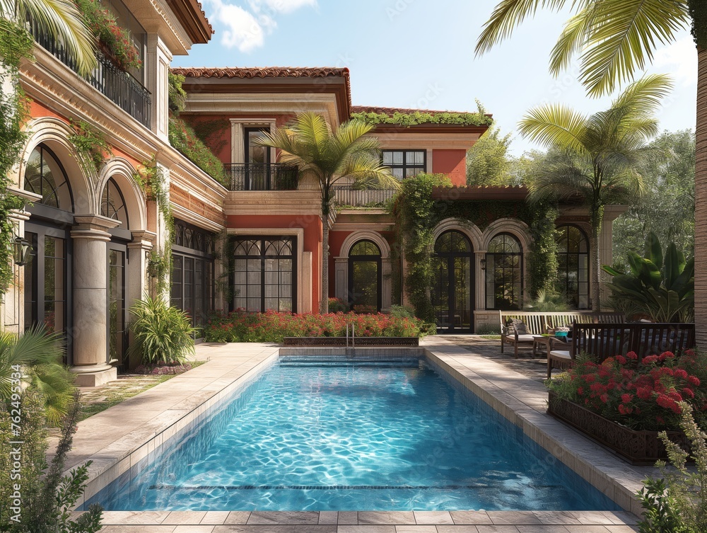 Luxurious villa exterior with beautiful pool surrounded by lush greenery