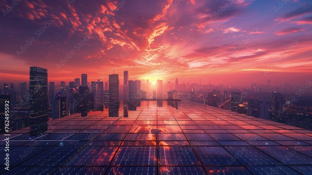 Solar panels on futuristic city buildings at dawn - obrazy, fototapety, plakaty 
