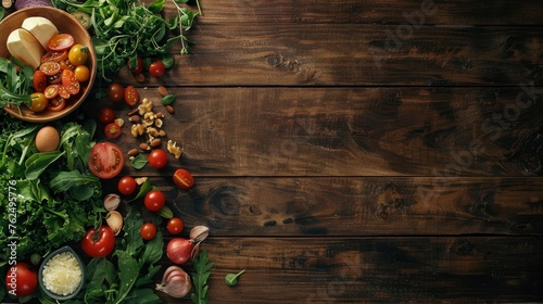 Healthy food clean eating selection, top view on dark wooden background, with copy space