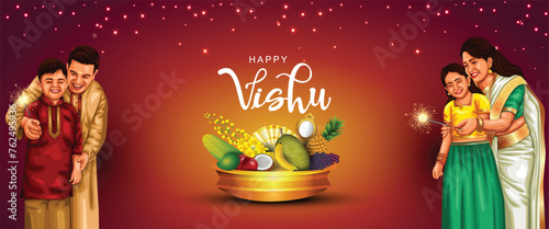 Happy Vishu greetings. April 14 Kerala festival with Vishu Kani, vishu flower Fruits and vegetables in a bronze vessel with kerala family. abstract vector illustration design © Arun