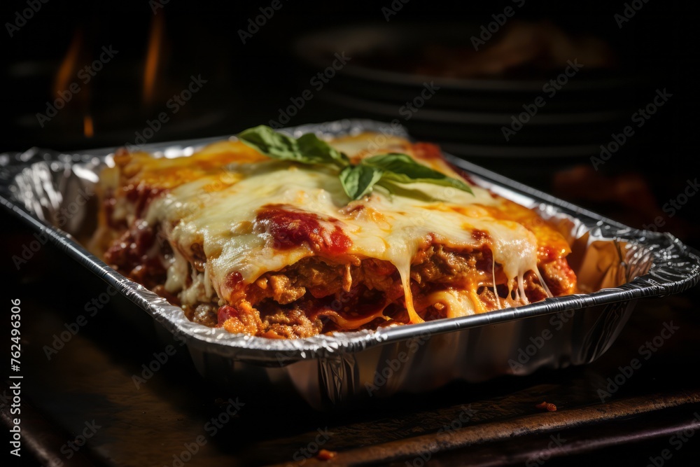 Juicy lasagna on a plastic tray against an aluminum foil background