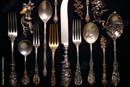 Elegant Silver plate serving dinner. Kitchen dishware equipment aged culinary. Generate Ai