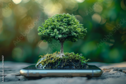 A small tree is growing on a phone. Concept of growth and life  as the tree is thriving in an unlikely environment. The phone itself is a symbol of modern technology