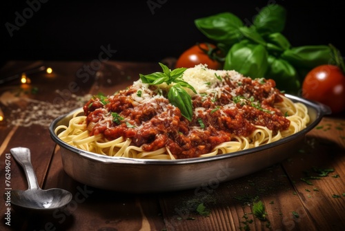 Tasty spaghetti bolognese on a wooden board against an aluminum foil background