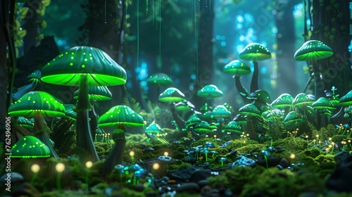Mystical forest scene illuminated by neon green mushrooms a fairy tale come to life