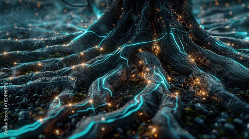 The concept of tree roots with light cables combines nature and technology AI generated image photo