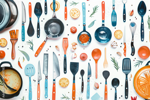 Kitchen utensils and vegetables pattern on white background photo