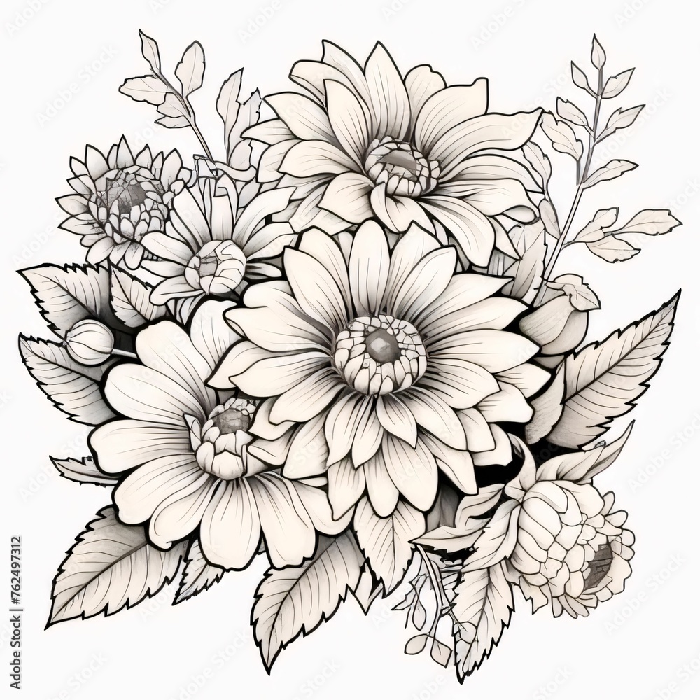 Black and white coloring sheet bouquet of flowers. Flowering flowers, a symbol of spring, new life. Black and white coloring sheet bouquet of flowers. Flowering flowers, a symbol of spring, new life.