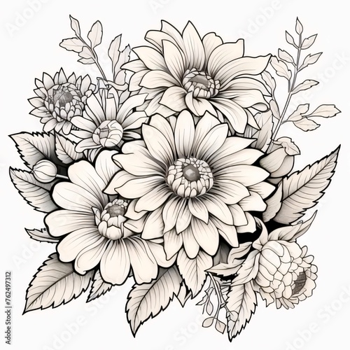 Black and white coloring sheet bouquet of flowers. Flowering flowers, a symbol of spring, new life.