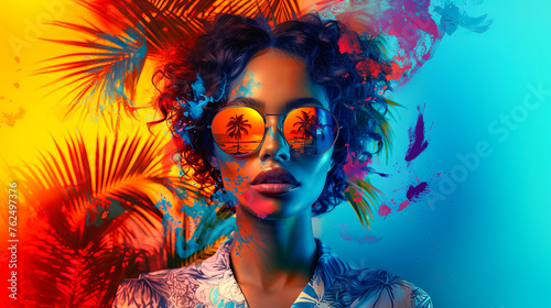 Retro Woman with Sunglasses Paper Collage Art Summer Tropical Palm Tree Travel Pop Art Background