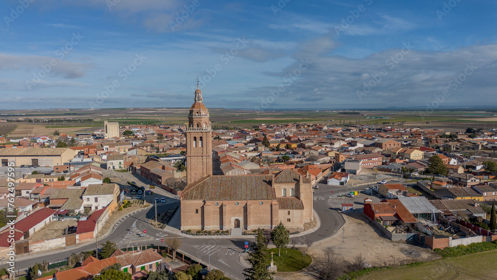 Aerial view of the Church of Santa María Magdalena de Matapozuelos, Valladolid, Spain