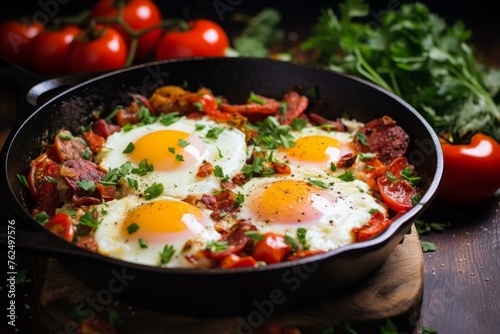 Delicious Simple breakfast red skillet. Traditional wholesome morning meal. Generate AI