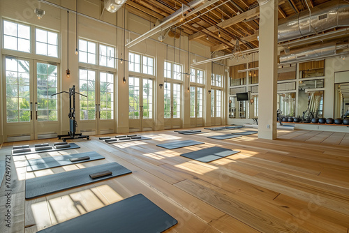 A large room with wooden floors and a lot of windows. The room is empty and has a peaceful atmosphere