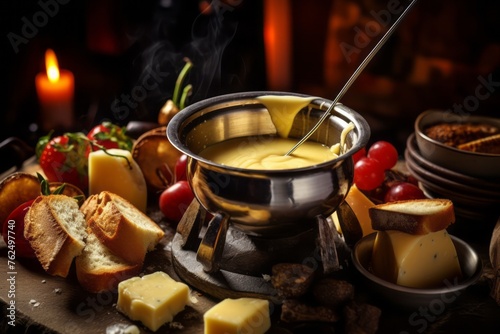 Delicious fondue on a rustic plate against an aluminum foil background