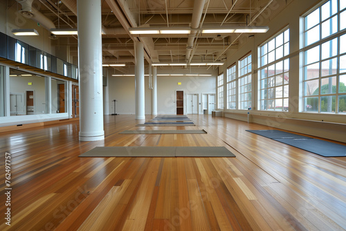 A large room with wooden floors and a lot of windows. The room is empty and has a peaceful atmosphere