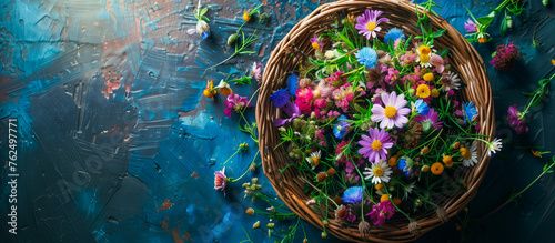 wildflowers in Rustic basket with blue background