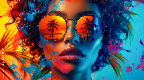 Retro Woman with Sunglasses Paper Collage Art Summer Tropical Palm Tree Travel Pop Art Background