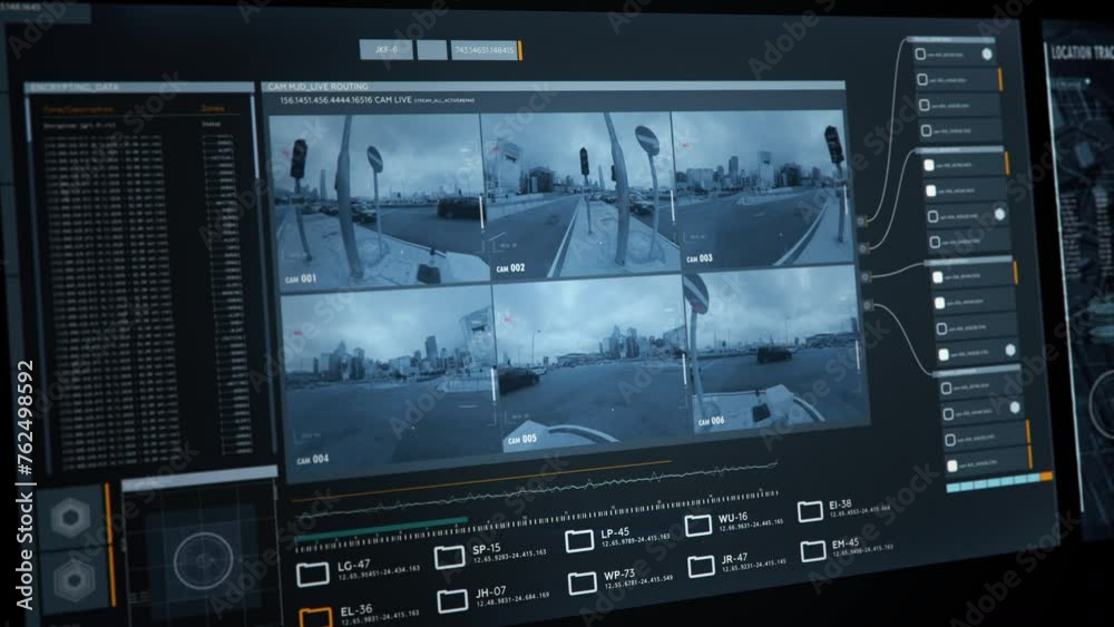 Data encryption. There are many cars driving along the street. CCTV cameras are used to track city vehicles. Crossroads. Traffic light. Live routing. Computer user interface. City Surveillance.