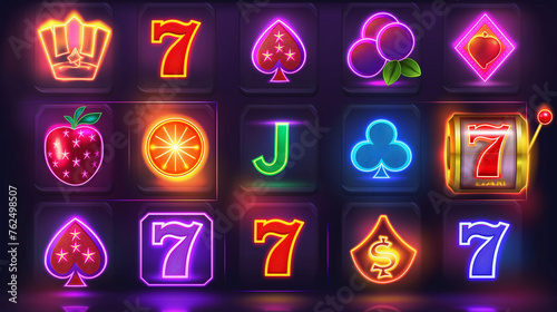 Set of Casino slot game with neon color isolation, Illustration