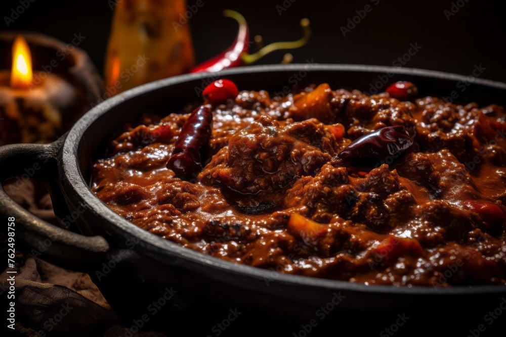 Tasty chili con carne in a clay dish against an aluminum foil background Tasty chili con carne in a clay dish against an aluminum foil background