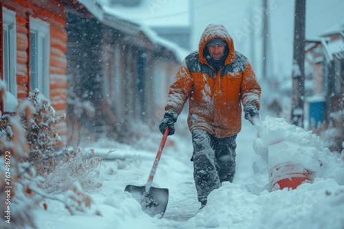 A man clears snow near a house