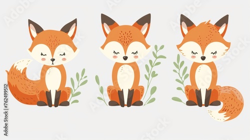 Simple clipart set of gouache or watercolor cartoon cute foxes in muted or pastel colors on a white background