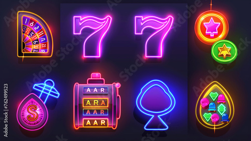 Set of Casino slot game with neon color isolation  Illustration