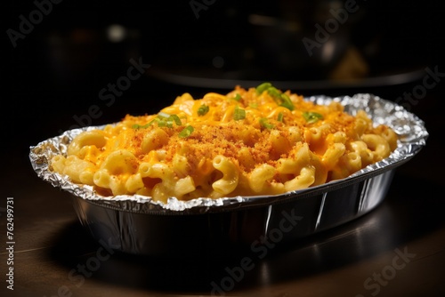 Tempting macaroni and cheese in a clay dish against an aluminum foil background