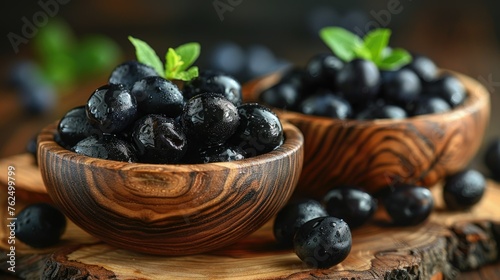 Wooden Bowls Filled With Black Berries
