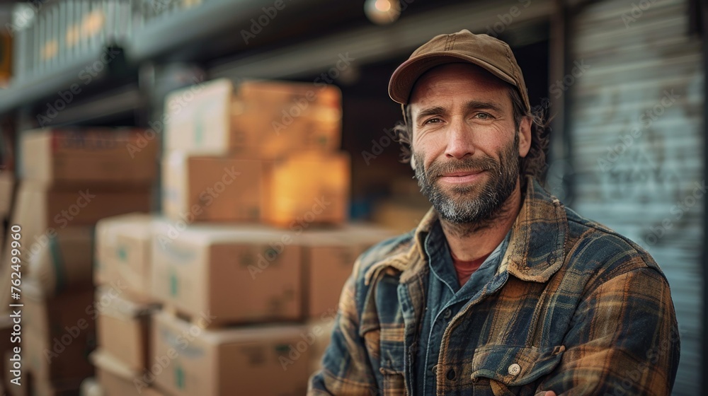 Man Standing in Front of Boxes in a Warehouse Man Standing in Front of Boxes in a Warehouse