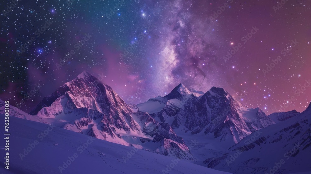 View of high snowy mountains with beautiful milky way sky AI generated image - obrazy, fototapety, plakaty 
