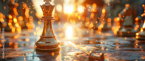 Chess King in Focus with Golden Sunset Bokeh on Chessboard 