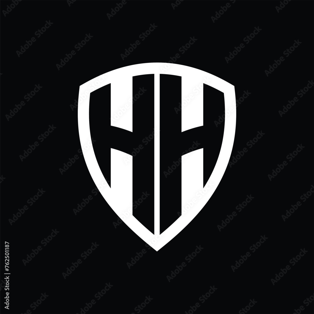 HH monogram logo with bold letters shield shape with black and white color design