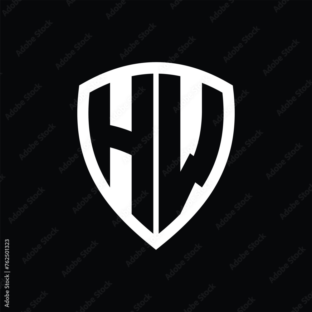 HW monogram logo with bold letters shield shape with black and white color design