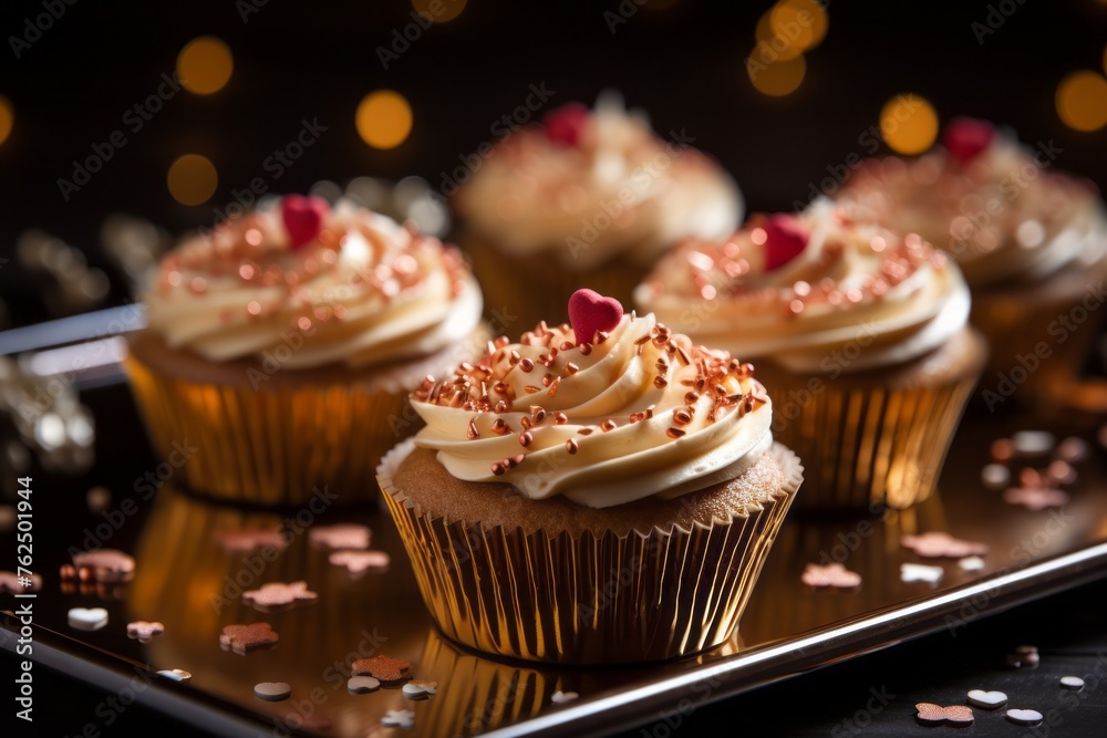 Hearty cupcakes on a metal tray against an aluminum foil background