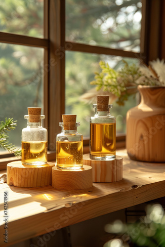Aromatherapy oil in glass bottles on wooden table. Spa treatment concept